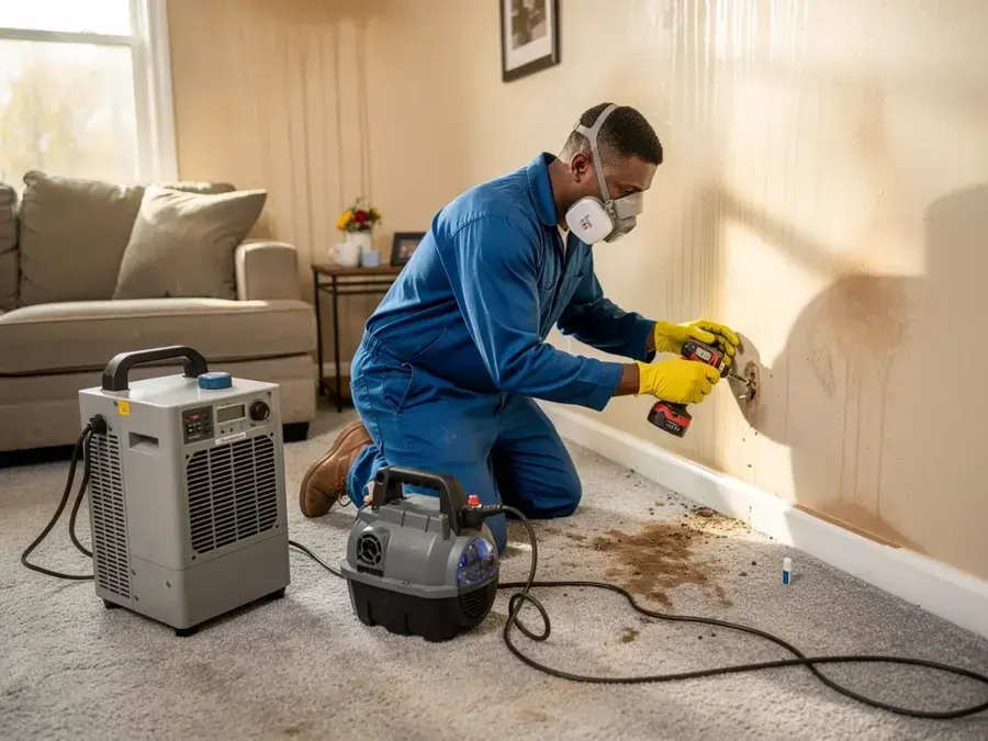 Technician reading wall moisture beside an air scrubber in a Lilburn living room