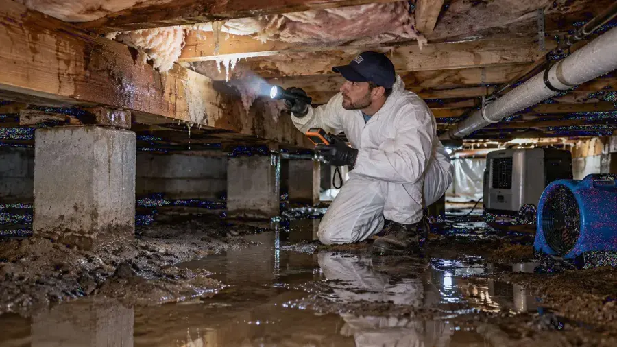 Technician in a protective suit inspecting standing water in a crawl space with an air mover running