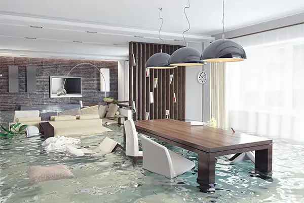 Floodwater standing across a living and dining room after a heavy storm